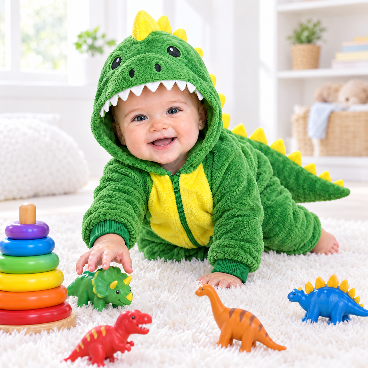Baby crawling in the dinosaur costume with toy dinosaurs