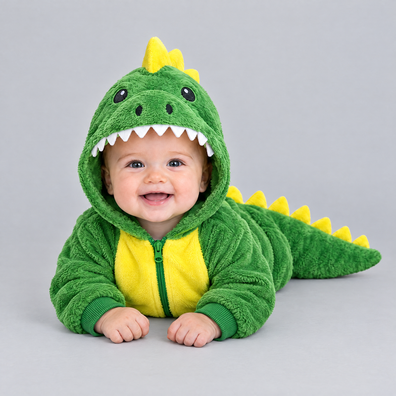Baby lying on tummy in the green dinosaur costume, spikes and tail visible